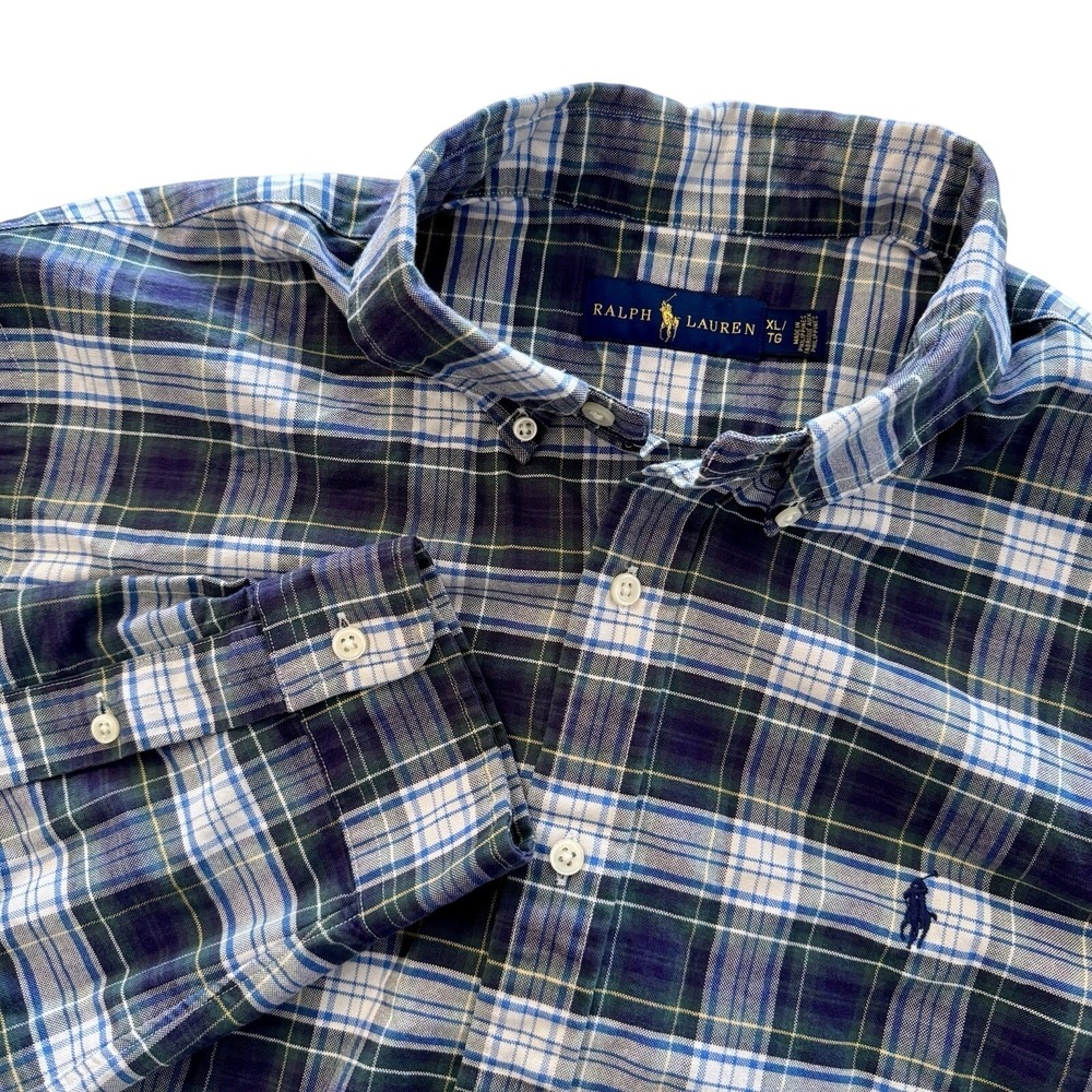 Polo Ralph Lauren Mens XL Plaid Button Down Blue Green Long Sleeve Cotton Pony